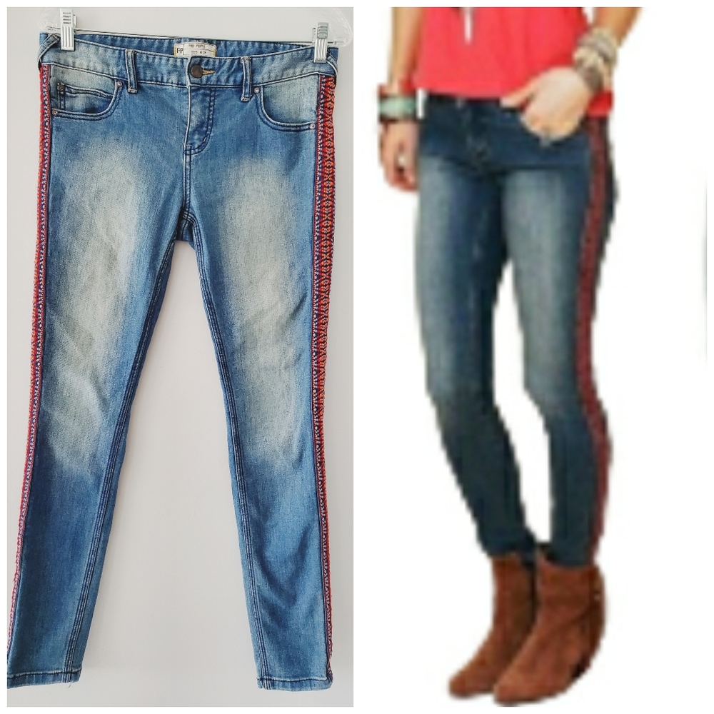 Free People Aztec Embroidered Panel Skinny Jeans